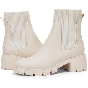 Women's Cream Platform Ankle Boots Elastic Chunky Block Heel Chelsea Booties